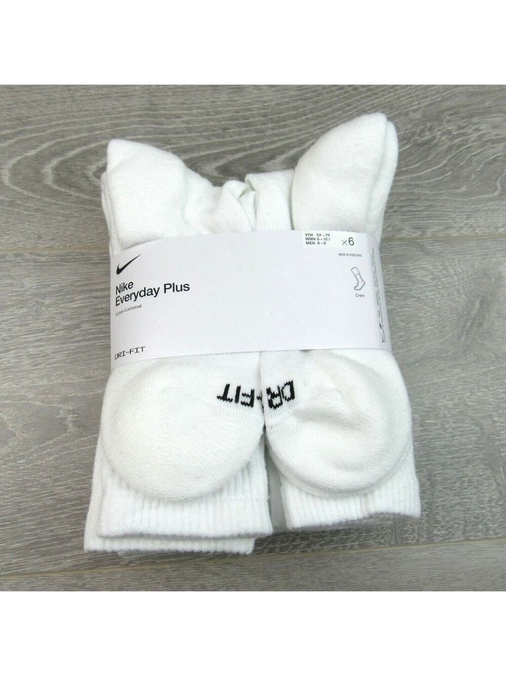 Nike Everyday Plus Dri-Fit Crew Socks White 6 Pack Womens 6-10 / Youth 5Y-7Y NEW - Picture 2 of 9